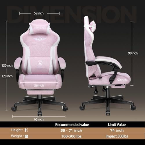 GTPLAYER Gaming Chair with Footrest, Big and Tall Game Chair High Back Computer Office Chair with Lumbar Support for Adults, Ergonomic Swivel Games Chair with Cushion Gaming, Fabric Pink - Image 2
