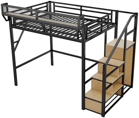 KEIKI Full Size Metal Loft Bed Frame with Convertible Staircase, Built-in Storage Shelves and Wardrobe, Loft Bed with Solid Slats, Guardrail, No Box Spring Required, Easy Assembly, for Bedroom, Black - Image 6