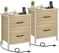 Vagusicc Nightstand Set of 2 with Charging Station, End Table Bedside Table with Power Outlet & USB Ports, Side Table with 2 Fabric Drawers for Bedroom, Living Room, Natural by Vagusicc