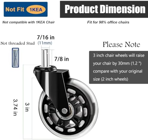 Office Chair Caster Wheels Replacement 3 Inch Roller Blade, 10 Packs | Heavy Duty Quiet No Scratch Rubber Gaming Chair Wheel for Hardwood Floor Carpet, 11mm Universal Fit/Not Fit 1KEA - Image 3