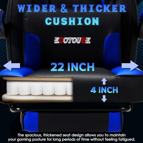 ECOTOUGE Blue Big and Tall Ergonomic Massage Gaming Chair with Footrest | Lumbar Support, Reclining High Back, 360° Swivel, Computer Chair, Sturdy, Comfortable, Height Adjustable, for Gaming & Office - Image 6