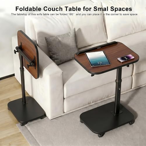 C Table End Table Adjustable Height, Rolling TV Tray Table for Small Spaces 180° Flip-Over Panel Design & 360° Swivel Casters, C Shaped Side Tables for Couch for Living Room, Bedroom, Bed, Sofa, Snack - Image 5