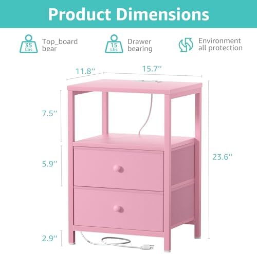 BOLUO Pink Nightstand with Charging Station, LED Night Stand with 2 Fabric Drawers, Bedside Table with USB Ports and Outlets, Nightstand for Bedroom Modern - Image 3
