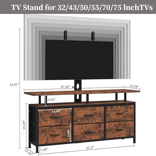 Rustic Brown TV Stand with Mount for 32/45/55/60/65/75 inch TVs, Entertainment Center with 6 Fabric Drawers & Open Shelf, TV Media Console for Living Room, Bedroom - Image 2