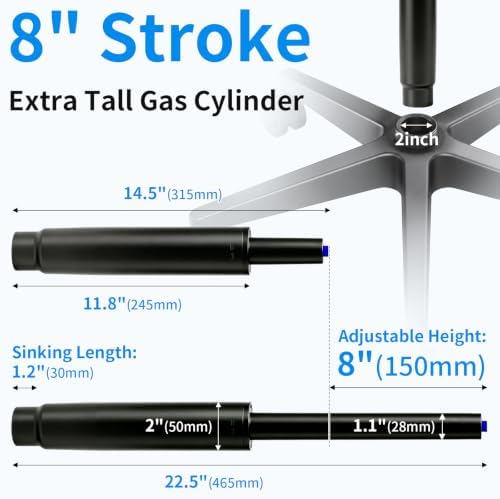 MySit 8" Office Chair Gas Lift Cylinder Replacement Parts Universal Size | Heavy Duty 450lbs Long Stroke Hydraulic Pneumatic Shock Piston Fits Most Chairs Tall Person, Class 4 - Image 2