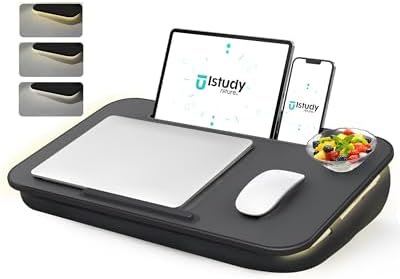 Lap Desk, Portable Laptop Desk with Cushion and Lights, Extra Wide Surface Fits 17” Laptop, Tray for Bed, Sofa, Travel or Car – ISTUDYNITURE (Black, 3-Color Mode) by Istudyniture