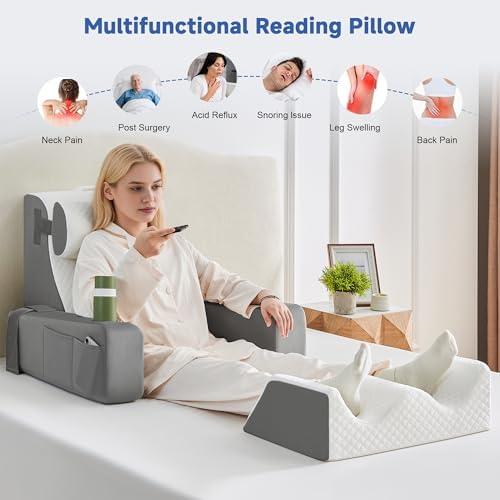 Reading Pillow for Bed, Back Pillow for Bed Sitting Up, Bed Pillows for Sitting Up with Adjustable Armrests, Cup Holder & Large Pocket, Backrest Cushion for Reading, Watching TV (WhiteGrey, 5PCS) - Image 4