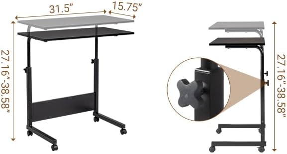 Karl home Mobile Side Table 31.5 inch Computer Desk with Wheels, Black - Image 3
