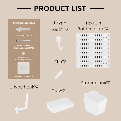 Pegboard Combination Wall Organizer Kit，4 Pegboards & 20 Accessories, Mount Display Pegboard Panel for Home Office, Gaming Room, Wall Storage,Crafts Organization,12''x12'' Each (White) - Image 3