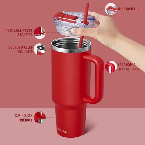 40 oz Tumbler with Handle and Straw Lid,Insulated Reusable Stainless Steel Water Bottle Travel Mug，Cupholder Friendly Double Wall Vacuum Sealed Cup (Cherry Red) - Image 2
