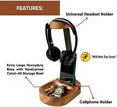 Headphone & Phone Stand, Dual Acacia Wood Holder with Tray, Desk Organizer - Image 5