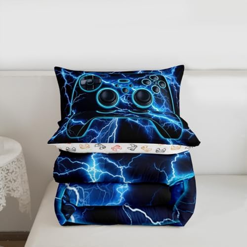 Erosebridal Gaming Queen Comforter Set Gamer Bedding Set, Video Game Consoles Down Comforter Blue Lightning Quilt,Gamer Room Decor for Boys - Image 7