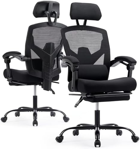 Ergonomic Office Chair with Footrest, Computer Gaming Chair | Adjustable Headrest, Lumbar Support, Swivel Reclining, Padded Armrest, Mesh High Back, Home Desk Work Study, Black by HAPPYMONTLLC
