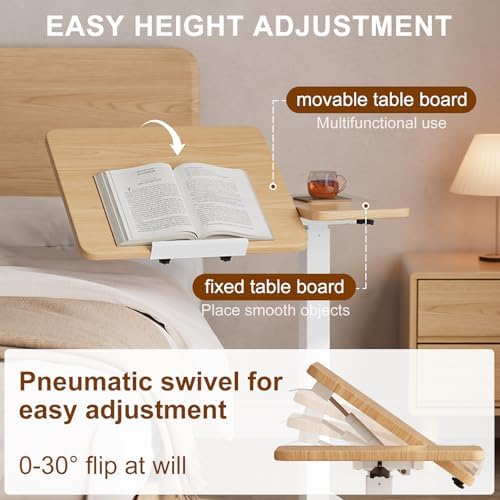 Solid Wood Overbed Bedside Table with Wheels, Tilting Adjustable Hospital Bed Table Over The Bed, Medical Mobile Laptop Stand, Rolling Standing Desk for Hospital and Home Use(Natural) - Image 5