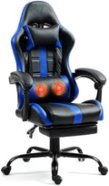 ECOTOUGE Massage Gaming Chair with Footrest & Lumbar Support, Blue | Premium PU Leather; Ergonomic Massage Lumbar; 90-135° Recline; Height Adjustable; Retractable Footrest; 330Lbs Steel Frame by ECOTOUGE