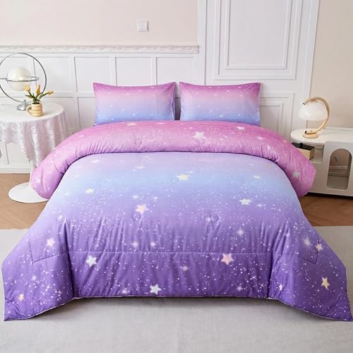 3PCS Girls Comforter Sets Twin,Galaxy Pink Girls Bedding Set,Pink and Purple Bedding Set,Twin Comforter Set for Girl by Helloosuucomforterset