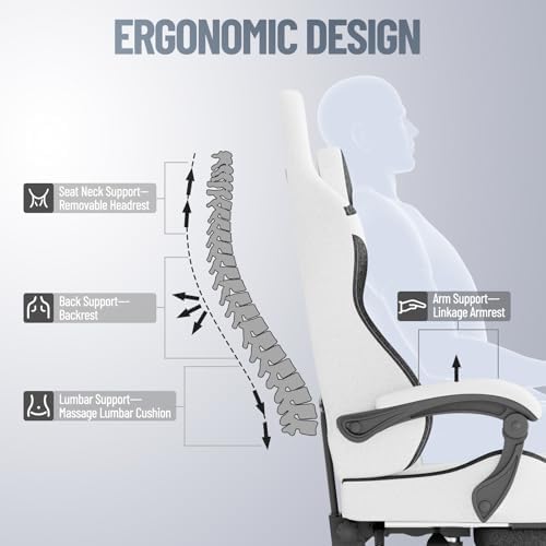 Ferghana Breathable Fabric Ergonomic Gaming Chair, Ergonomic High Back Gamer Chair with Footrest and Linkage Armrest, Office Computer Video Game Chair for Adult, White/Black - Image 7