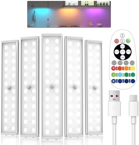 Under Cabinet Lighting,Rechargeable Motion Sensor Light Indoor Night Lights with Remote,58LED RGB under cabinet lights Bar,15Colors Wireless Under Counter Light Closet Lights for Kitchen,5pack by Unknown