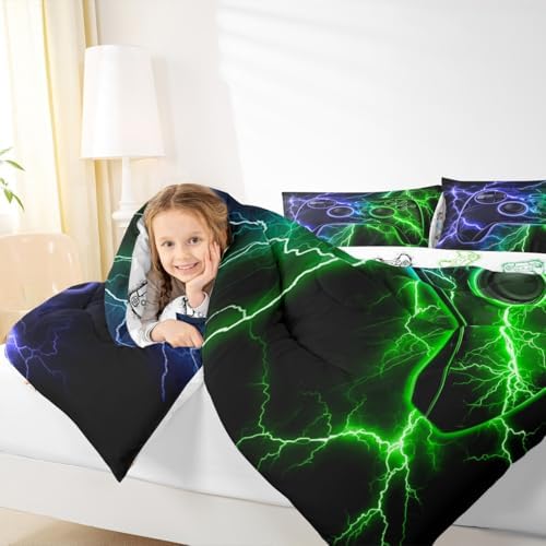 Gamer Comforter Set Gaming Full Size Bedding Sets, Game Boy Games Comforter Blue Green Lightning Bed Set,Kids Room Decor - Image 5
