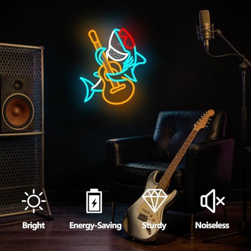 Shark Playing Guitar Neon Sign Dimmable Shark Neon Lights Guitar Led Light USB Sharks Live Music Light Up Sign Funny Led Wall Decor for Music Bar Shark Gift - Image 2