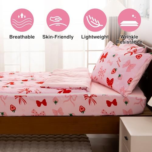 A Nice Night Zipper Bedding for Girls Chic Bow Comforter Set,Strawberry Printed Cute Ribbon Bowknot Kids Bedding Set,Twin Size - Image 3