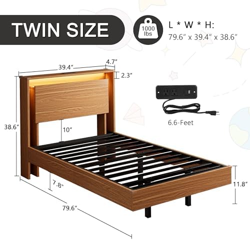 Einhomn Twin Bed Frame with Storage Headboard & LED Lights – Wood Floating Bed Frame with Charging Station, Non-Slip Slat, Kick-Free & Noise-Free Design, Easy Assembly, Walnut - Image 2