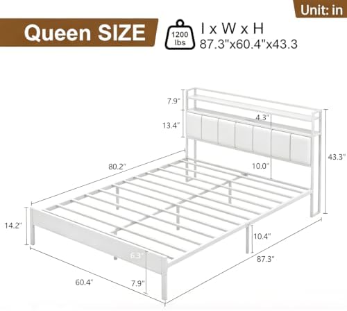 Queen Size Bed Frame with Upholstered Headboard and 2-Tier Storage Shelves - Image 2