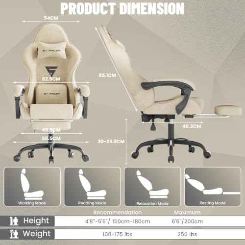 Ferghana Ergonomic Velvet Gaming Chair with Massage, Footrest & Reclining High Back, Racing Style Computer Desk Chair for Adults, Home Office Use, Beige - Image 3
