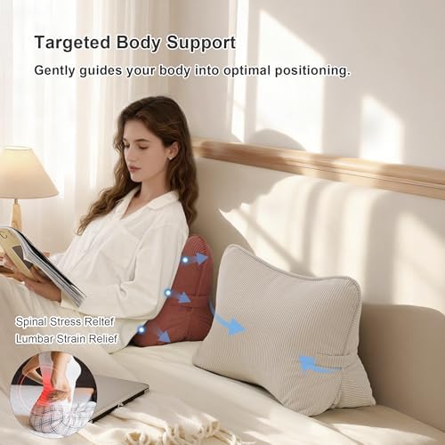 Pat. Pend. Corduroy Back Pillow for Sitting Up & Reading, Ergonomic Triangle Lumbar Support Cushion for Sofa, Armchair & Bed, Removable Cover, Brick Brown - Image 4