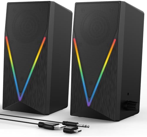 Computer Speakers, Desktop PC Speakers with 6 Colorful RGB Lights, Headphone Jack, Enhanced Bass and Volume Control, USB Powered & 3.5mm Aux Gaming Speakers for Laptop Monitor PC Tablet Phone by BUSP-HYY