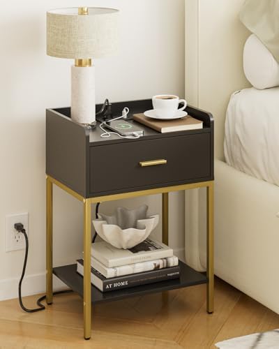 Masupu Nightstand with Charging Station,3-Tier Modern Bedside Night Stand with Storage Drawer and Shelf,Small End Side Table for Bedroom,Living Room,Gold and Black - Image 3