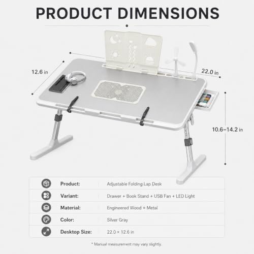Lap Desk with Cooling Fan, LED Light and USB Port, Adjustable Laptop Desk with Storage Drawer, Foldable Laptop Table for Bed Sofa Work Study, Portable Computer Desk (Grey) - Image 3