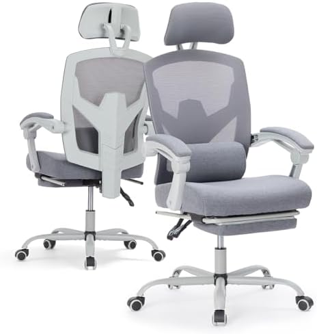 Ergonomic Office Chair with Footrest, Computer Gaming Chair | Adjustable Headrest, Lumbar Support, Swivel Reclining, Padded Armrest, Mesh High Back, Home Desk Work Study, Grey by HAPPYMONTLLC