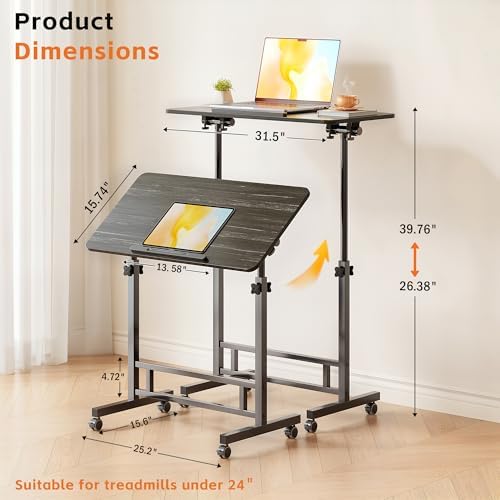 Furist Small Standing Desk Adjustable Height 32 Inch Mobile Sit Stand up Desk Portable Rolling with Wheels Standing for Walking pad Treadmill Black - Image 4