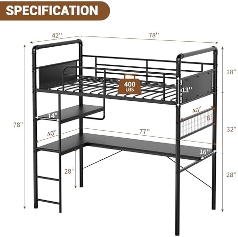 GarveeHome Loft Bunk Bed with L-Shaped Desk, Industrial Twin Loft Bed,Black - Image 2