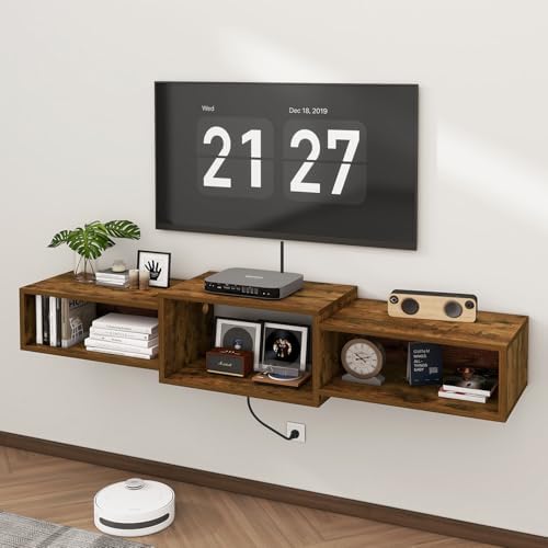 IBUYKE Floating TV Stand Wall Mounted with Power Outlet,Wood Wall Mounted Media Console Shelf,Floating Entertainment Center for Under TV Storage for Living Room Bedroom Office,Rustic Brown WST001H - Image 7