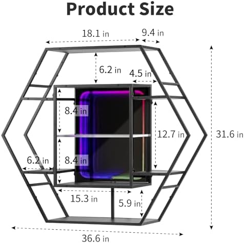 FUSLITE Infinity Mirror Gaming RGB Hexagon LED Floating Shelf, 36.6" - Image 2