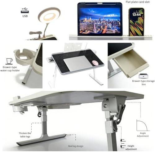 Foldable and Adjustable Laptop Bed Table with Hidden Drawer, Cup Holder, USB Voice-Controlled Night Light, White 23.6"x15.7", Suitable for Working, Gaming, and Other uses on Bed and Sofa - Image 3