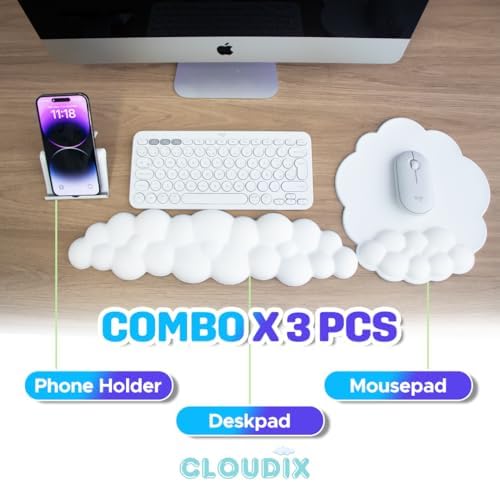 CLOUDIX - Cloud keyboard wrist rest. Set Mouse pad, phone holder, tablet holder, ergonomic cloud crist pad with memory foam. Non-Slip base for typing pain relief, home, office, laptop, gaming (WHITE). - Image 6