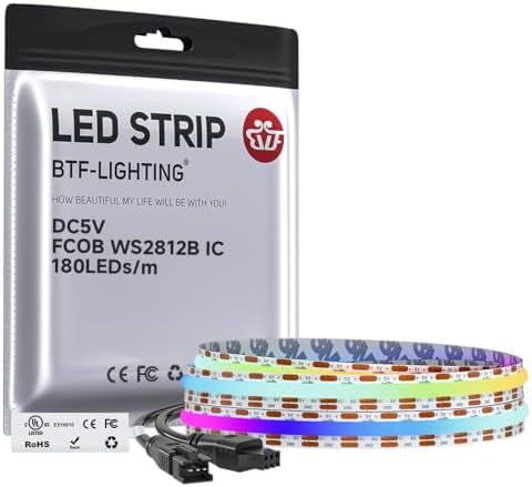 BTF-LIGHTING FCOB COB WS2812B IC RGB LED Strip DC5V 3.2FT 180LED 10mm IP30 by BTF-LIGHTING