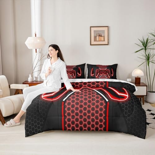 Feelyou Red and Black Bedding Set Twin Size Gamer Comforter Set with Sheets - Image 6