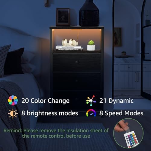 BOLUO Black Night Stand with 3 Fabric Drawers, Nightstand with Charging Station LED Nightstand for Bedroom, Bedside Table with USB Ports and Outlets Modern - Image 6