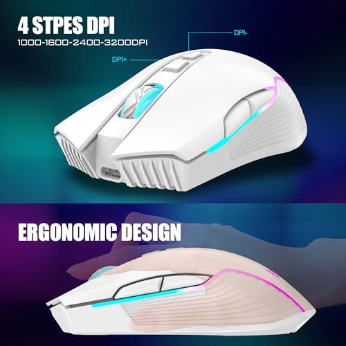 RedThunder K10 Wireless Gaming Keyboard and Mouse Combo, RGB Backlit Rechargeable 3800mAh Battery, Mechanical Feel Anti-ghosting Keyboard + 7D 3200DPI Mice for PC Gamer(White Pudding) - Image 6