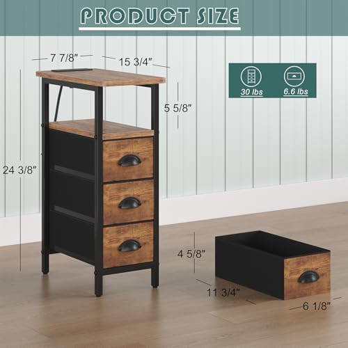 sthmec End Table with Charging Station,Narrow Side Tables with USB Ports and Outlets,Skinny Bedside Tables with 3 Drawers,Small Nightstands for Small Space,Slim Sofa Table for Livingroom,Rustic Brown - Image 3