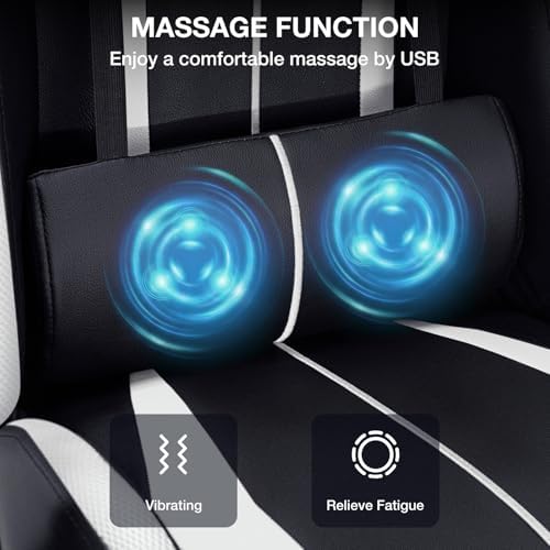 HOFFREE LED Gaming Chair with Massage RGB Lights Computer Game Chair-White | Ergonomic Reclining Gamer Chair with Footrest High Back Video Game Chair with Adjustable Lumbar Support Linkage Armrest - Image 6