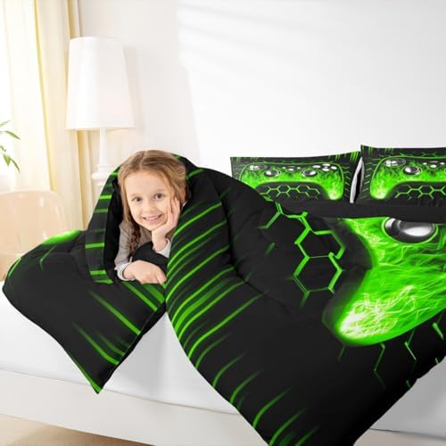 Erosebridal Honeycomb Gamer Boys Bedding Comforter Sets Green Neon Lights Game Console King Size Comforter Set Ombre Art Geometric Hexagon Beehive Bed Set Gaming Decor for Boys Bedroom Decor - Image 4