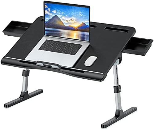 KLEAR Laptop Bed Tray Table with PVC Leather Surface, 2 Drawers, Black, XL by KLEAR