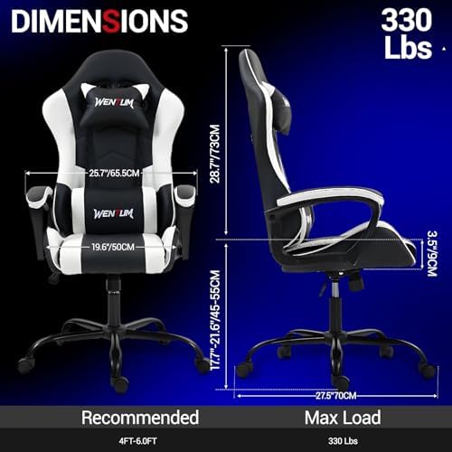 Gaming Chair PU Leather Massage PC Video Game Chair with Lumbar Support for Men Women, Home Office, Height Adjustable, Ergonomic, High Back, White - Image 3
