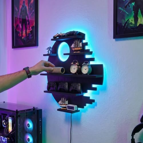 Black Floating Shelves with LED Light Game Room Wall Decor Shelf Boys Gift - Image 7