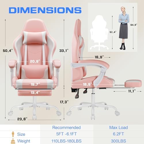 Shahoo Gaming Chair with Footrest and Massage Lumbar Support, Video Racing Seat Height Adjustable with 360° Swivel and Headrest for Office or Bedroom, Light Pink - Image 3